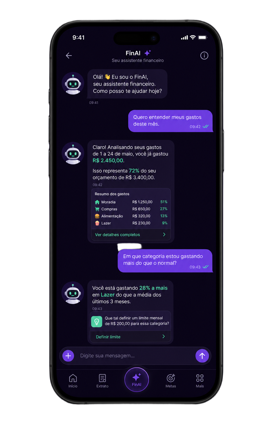 Tela de conversa com o assistente de inteligência artificial do Finance IA