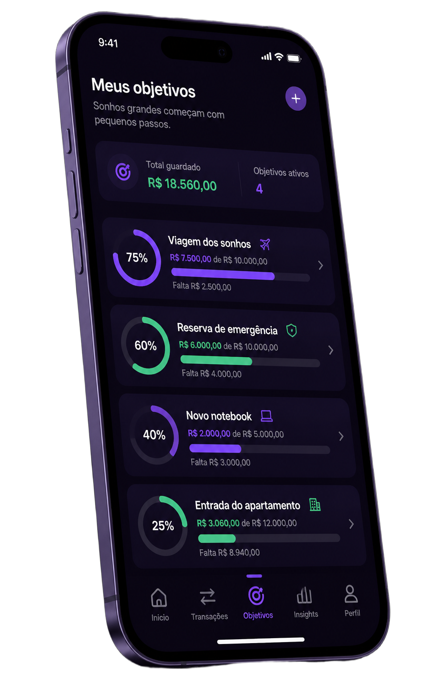 Tela de metas financeiras do Finance IA